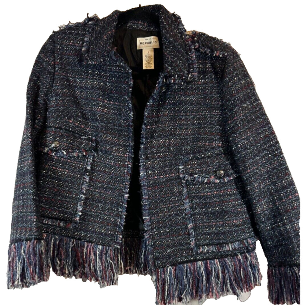 For The Republic Purple Fringed Tweed Womens Swing Jacket Size 6 Wool Blend